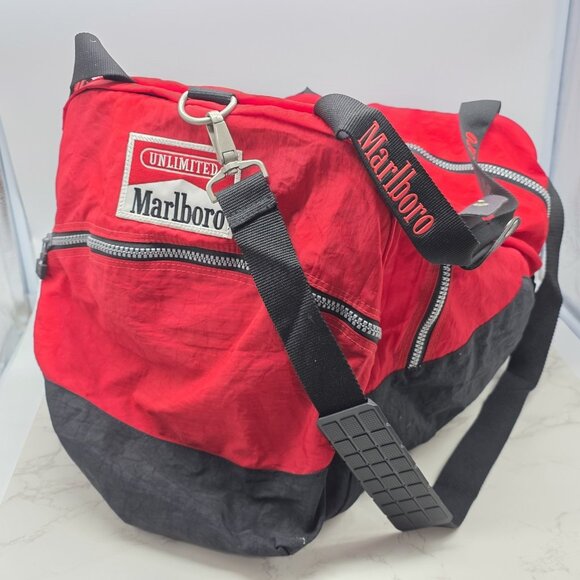 Vintage Marlboro Unlimited Duffle Bag Red Black Nylon Sports Gym Carry On Large - Picture 1 of 14